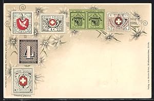 Lithographie Briefmarken der Stadtpost Basel, Zürich, Genf, Edelweiss