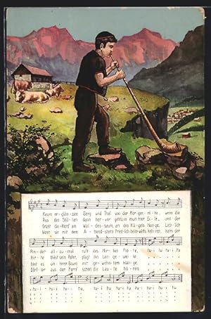Bild des Verkufers fr Knstler-Ansichtskarte Junger Mann auf dem Berg mit Blasinstrument und Liedtext zum Verkauf von Bartko-Reher