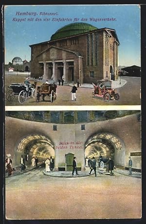 Ansichtskarte Hamburg-St. Pauli, Elbtunnel, Kuppel mit den vier Einfahrten und Blick in die beide...