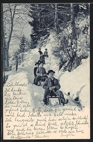 Ansichtskarte Plaisirs d`Hiver, Kinder fahren im Schnee mit dem Schlitten hinab