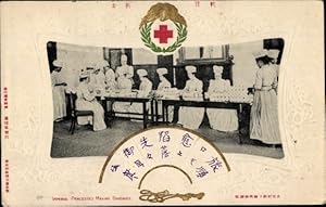 Passepartout Ansichtskarte / Postkarte Japan, Kaiserliche Prinzessinnen stellen Bandagen her, Rot...
