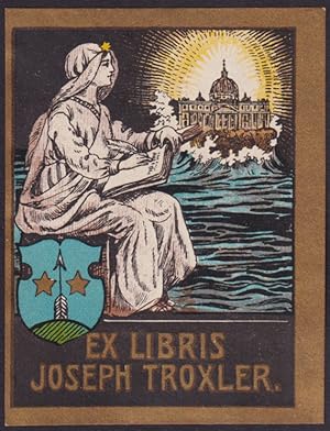 Seller image for Joseph Troxler Ex Libris Bookplate seated figure writes & eyes library aglow for sale by The Jumping Frog