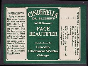 Immagine del venditore per Dr Blumer's Cinderella Face Beautifier Lincoln Chemical Works Chicago label venduto da The Jumping Frog