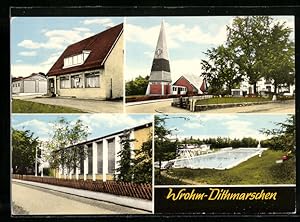 Seller image for Ansichtskarte Wrohm-Dithmarschen, Freiwillige Feuerwehr, Kirche, Strassenpartie, Schwimmbad for sale by Bartko-Reher