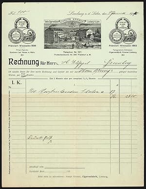 Bild des Verkufers fr Rechnung Limburg a. d. Lahn 1914, Joseph Kremer, Tabak- und Cigarren-Fabrik, Werkansicht mit Brunnen und Medaillen zum Verkauf von Bartko-Reher