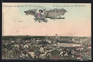 Carte postale Troyes, Frau fliegt avec Segelflugzeug über den Ort