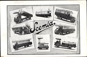 Ansichtskarte / Postkarte Reklame, Scemia-Nutzfahrzeuge, Autobus, Straßenbahn