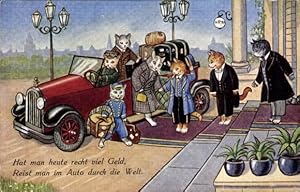 Bild des Verkufers fr Ansichtskarte / Postkarte Katzen Touristen vor dem Hotel, Hat man heute recht viel Geld, Reist man im Auto durch die Welt zum Verkauf von akpool GmbH