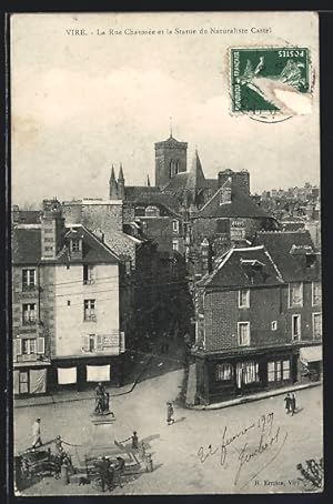 Carte postale Vire, La Rue Chaussée et la Statue du Naturaliste Castel