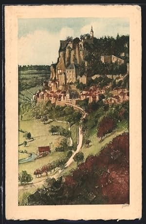 Künstler-Carte postale Rocamadour, Vue prise de la Route de l'Hospitalet