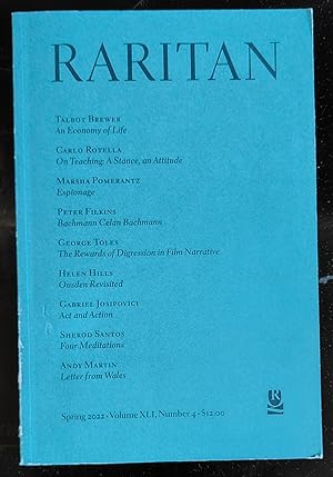 Image du vendeur pour Raritan A Quarterly Review Spring 2022 / Talbot Brewer "An Economy of Life" / Carlo Rotella "A Stance, an Attitude" / Sherod Santos "Four Meditations" / Gabriel Josipovici "Act and Action" mis en vente par Shore Books