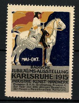 Bild des Verkufers fr Reklamemarke Karlsruhe, Badische Jubilums-Ausstellung f. Industrie, Kunst, Handwerk 1915, Knappe auf Pferd zum Verkauf von Bartko-Reher