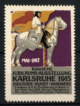 Bild des Verkufers fr Reklamemarke Karlsruhe, Badische Jubilums-Ausstellung f. Industrie, Kunst, Handwerk 1915, Knappe auf Pferd zum Verkauf von Bartko-Reher