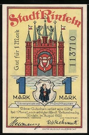 Bild des Verkufers fr Notgeld Rinteln 1920, 1 Mark, Wappen, Baron Mnchhausen zum Verkauf von Bartko-Reher