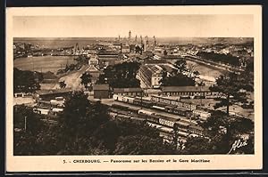 Carte postale Cherbourg, vue générale sur les Bassins et la Gare Maritime