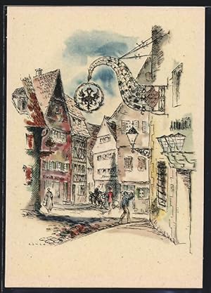 Image du vendeur pour Knstler-Ansichtskarte Leonberg / Wrtt., Strassenpartie am Gasthof Schwarzer Adler mis en vente par Bartko-Reher