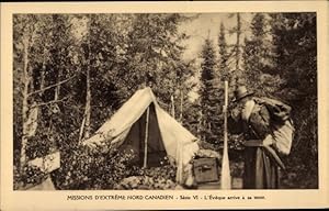 AK-Missionen im hohen Norden Kanadas, der Bischof kommt in seinem Zelt an