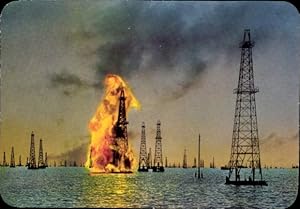 Ansichtskarte / Postkarte Venezuela, Brennölplattform, Ölplattform Feuer am Maracaibo-See