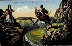 Ansichtskarte / Postkarte Mägdesprung Harzgerode im Harz, Sage vom Mägdesprung, Felsen, Riesenjun...