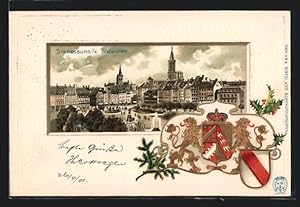 Carte postale Strassburg, Kleberplatz avec Stadtpanorama, armoiries