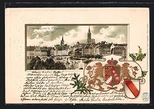 Carte postale Strassburg, Kleberplatz avec Stadtpanorama, armoiries