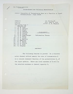 Imagen del vendedor de Concavity of Transmission Rate as a Function of Input Probabilities - Case 20878: Technical Memoranda MM-54-114-28 . [reproduced typescript] a la venta por Kuenzig Books ( ABAA / ILAB )