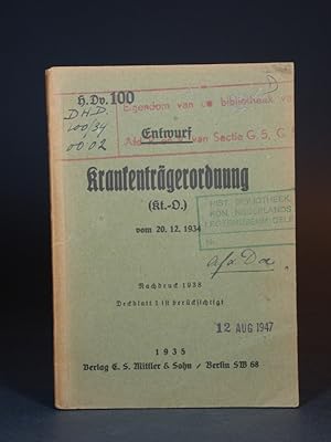 Imagen del vendedor de Entwurf Krankentrgerordnung. (Kt.-O.) vom 20.12.1934. (H.Dv.100). Nachdruck 1938. Deckblatt 1 ist bercksichtigt. a la venta por Librarium of The Hague