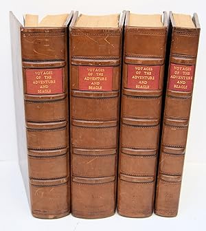 Bild des Verkufers fr NARRATIVE OF THE SURVEYING VOYAGES OF HIS MAJESTY'S SHIPS ADVENTURE AND BEAGLE BETWEEN THE YEARS 1826 AND 1836, Describing their Examination of the Southern Shores of South America, and The Beagle's Circumnavigation of the Globe. In Three Volumes bound in Four. zum Verkauf von Marrins Bookshop