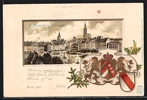 Carte postale Strassburg, Kleberplatz avec Stadtpanorama, armoiries