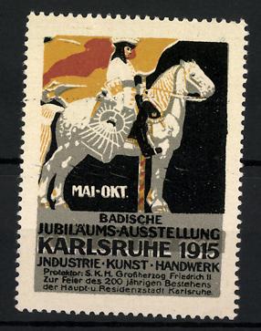 Bild des Verkufers fr Reklamemarke Karlsruhe, Badische Jubilums-Ausstellung f. Industrie, Kunst, Handwerk 1915, Knappe auf Pferd zum Verkauf von Bartko-Reher