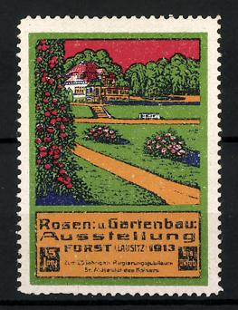 Bild des Verkufers fr Reklamemarke Forst / Lausitz, Rosen- und Gartenbau-Ausstellung 1913, Garten- und Gebudeansicht zum Verkauf von Bartko-Reher