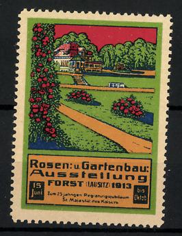 Bild des Verkufers fr Reklamemarke Forst / Lausitz, Rosen- und Gartenbau-Ausstellung 1913, Garten- und Gebudeansicht zum Verkauf von Bartko-Reher