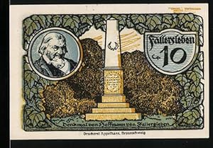 Bild des Verkufers fr Notgeld Fallersleben 1920, 10 Pfennig, Hoffmann von Fallersleben Denkmal zum Verkauf von Bartko-Reher