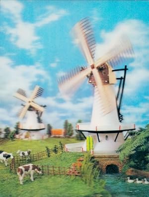 3D Ansichtskarte / Postkarte Dorfidyll, Windmühlen, Fluss, Kühe, Enten