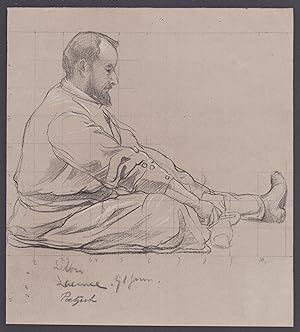 (Handwerker sitzender Mann / craftsman sitting man) - Zeichnung drawing dessin