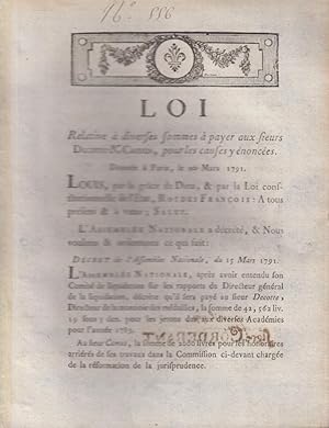 Seller image for Loi relative  diverses sommes  payer aux sieurs Deotte & Camus, pour les causes y nonces : donne  Paris, le 20 mars 1791 for sale by PRISCA