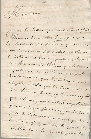 Lettre autographe signée et datée au Curé de la Crotte du 16 février 1734