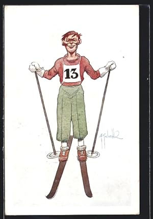 Ansichtskarte Mann mit der Startnummer 13 auf Skiern