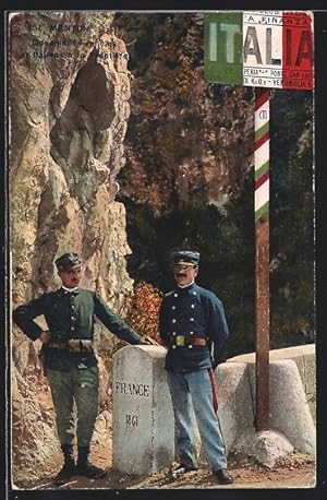 Ansichtskarte Menton, französischer und italienischer Soldat stehen vor der Grenze