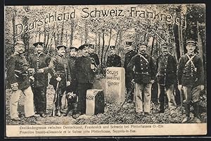 Ansichtskarte Pfetterhausen /O.-Els., Soldaten in Uniform an der Dreiländergrenze Deutschland-Sch...