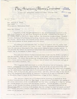 Immagine del venditore per A form letter from Norman Dacey of the American Palestine Committee to Arnold Olson, President Emeritus, Evangelical Free Church of America venduto da D. Anthem, Bookseller