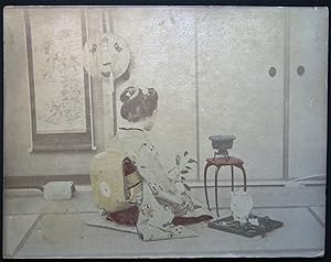 Circa 1890 Colored Albumen Cabinet Card of a Japanese Woman, Musical Instruments, a Contemplative...