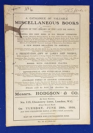 A Catalogue of Valuable Miscellaneous Books including a portion of the Library of The Late Dr. Bo...