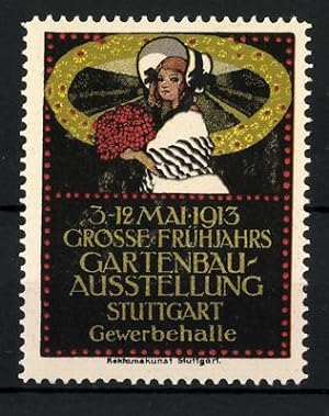 Imagen del vendedor de Reklamemarke Stuttgart, Grosse Frhjahrs-Gartenbau-Ausstellung 1913, Frulein mit Blumenstrauss a la venta por Bartko-Reher