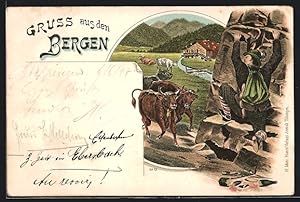 Image du vendeur pour Lithographie Bergsteiger wird von Bullen gejagt mis en vente par Bartko-Reher