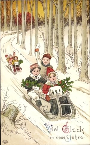 Präge Ansichtskarte / Postkarte Glückwunsch Neujahr, Kinder fahren Schlitten