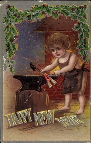 Präge Ansichtskarte / Postkarte Glückwunsch Neujahr, Schmied, Amboss, Hammer, Stechpalme