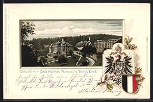 Lithographie Drei Aehren b. Türkheim, vue partielle avec l'Église, armoiries, Passepartout