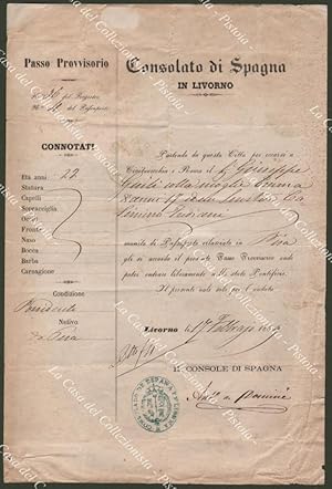 PASSAPORTO per lo Stato Pontificio rilasciato dal Consolato di Spagna in Livorno il 17.02.1869