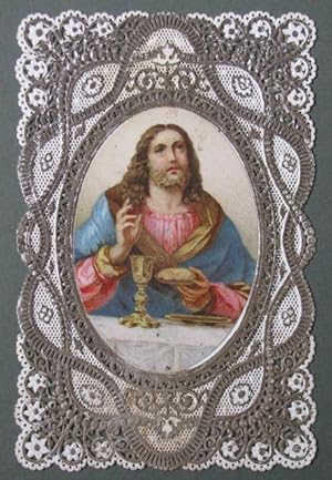 SANTINO. Immagine di Cristo contornata da carta traforata, databile alla fine del 1800